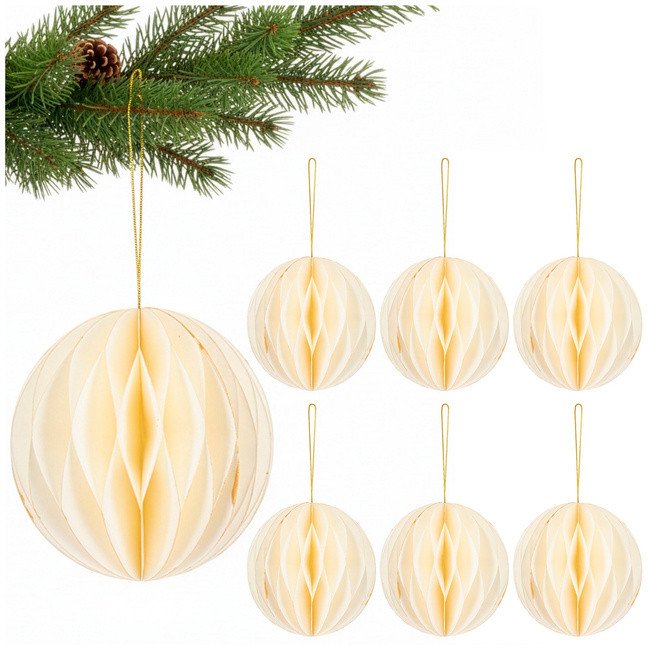 Papierowe bombki 6 szt. zawieszki choinkowe ozdoby świąteczne 12 cm białe złoty brokat UNIWERSALNY