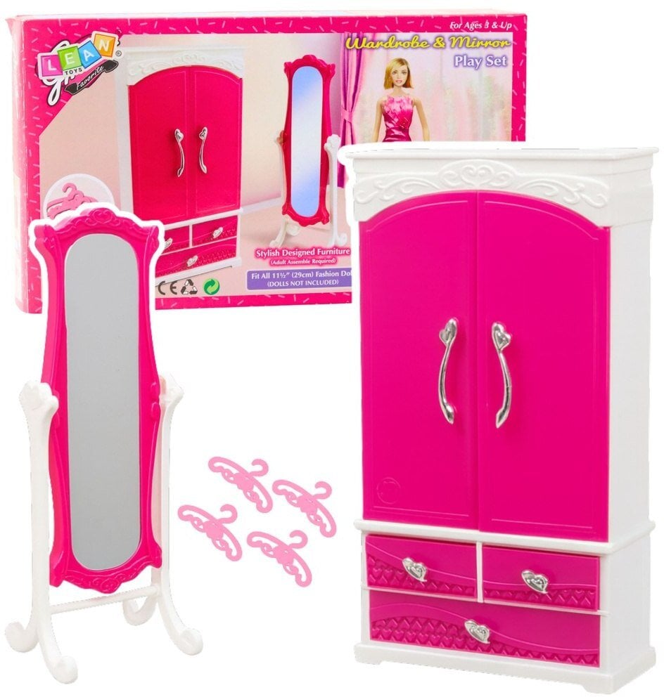Zestaw Meble Dla Lalek Szafa Lustro Wieszaki Różowe