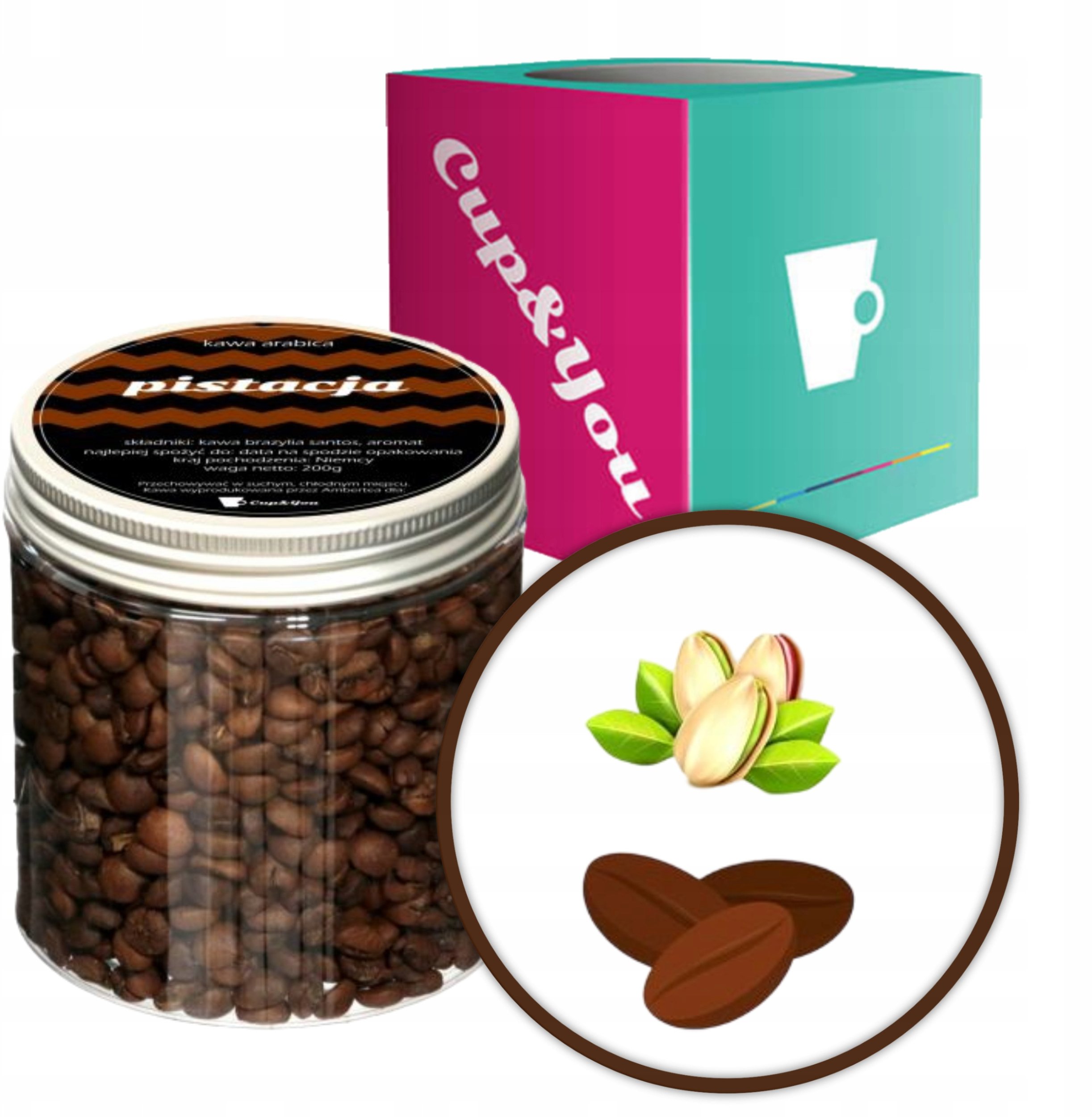 Kawa aromatyzowana o smaku PISTACJI ziarnista ARABICA Cup&You PREMIUM 200g na prezent upominek dla kobiety mężczyzny faceta mamy taty żony męża