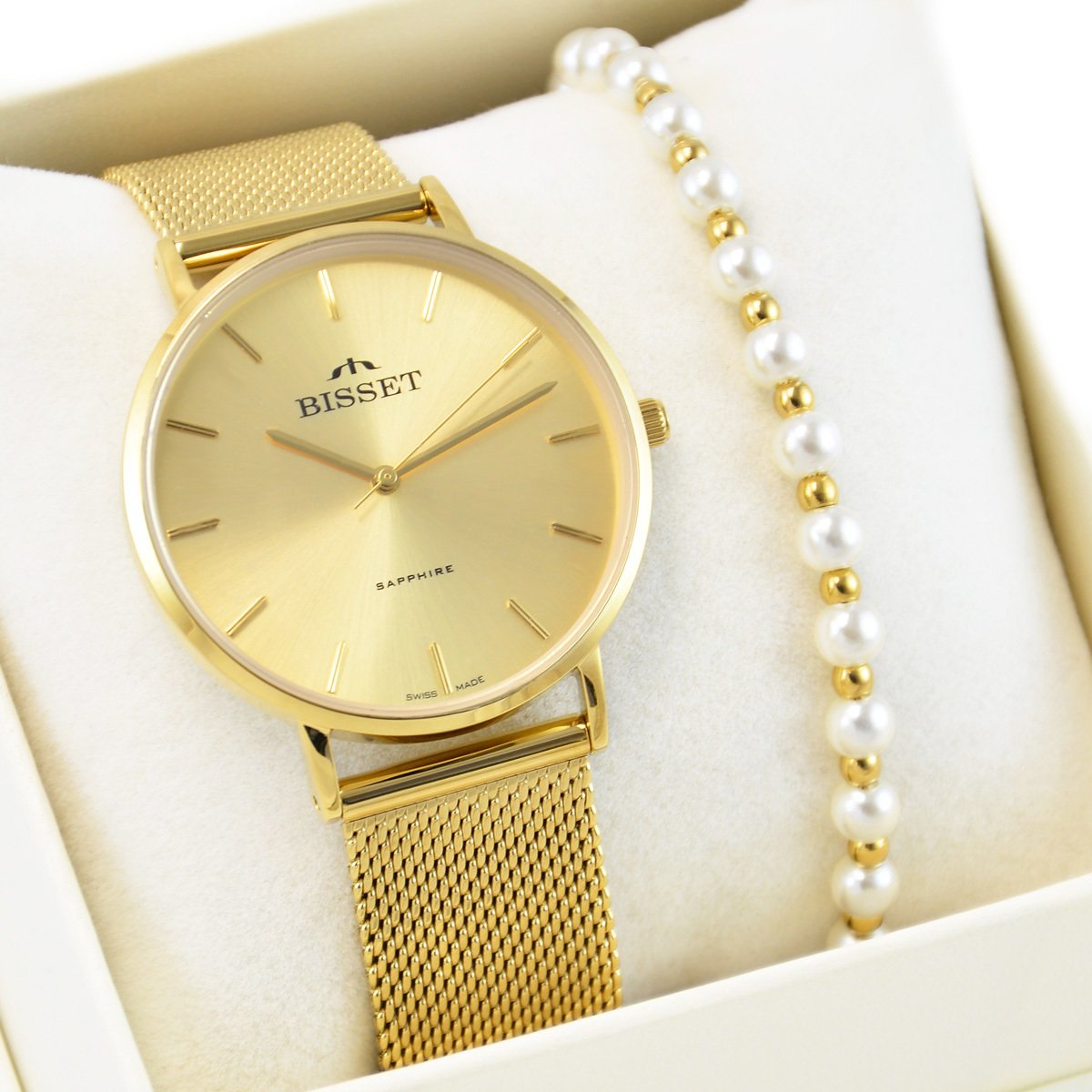 Zegarek Bisset Zestaw damski zegarek Szwajcarski ARITTE złoty + bransoletka