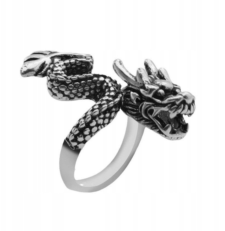 PIERŚCIEŃ Obrączka SYGNET SMOK REGULOWANY Vintage MĘSKI SREBRNY METALOWY