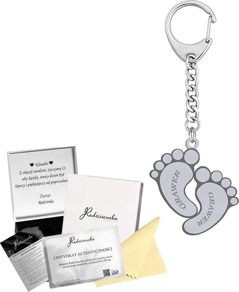 Radziszewska Jewellery Brelok do kluczy Srebrny STÓPKI Imię Dziecka Prezent Dzień Matki 925 GRAWER