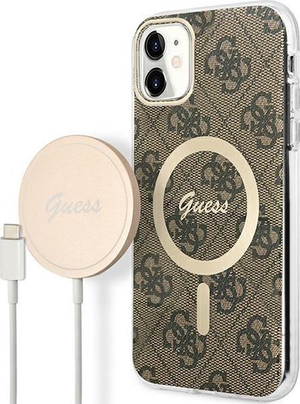 Ładowarka Guess Zestaw Guess etui + ładowarka bezprzewodowa GUBPN61H4EACSW Apple iPhone 11 brązowy/brown hard case 4G Print MagSafe