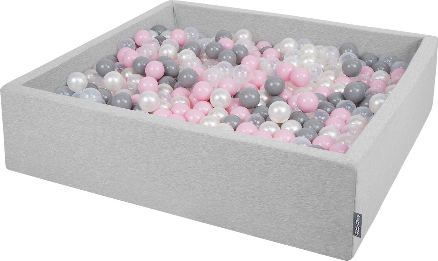 KiddyMoon Suchy basen kwadratowy z piłeczkami 7cm 120x30 jasnoszary: perła-szary-transparent-pudrowy róż 120x30/1000piłek Zabawka basen piankowy
