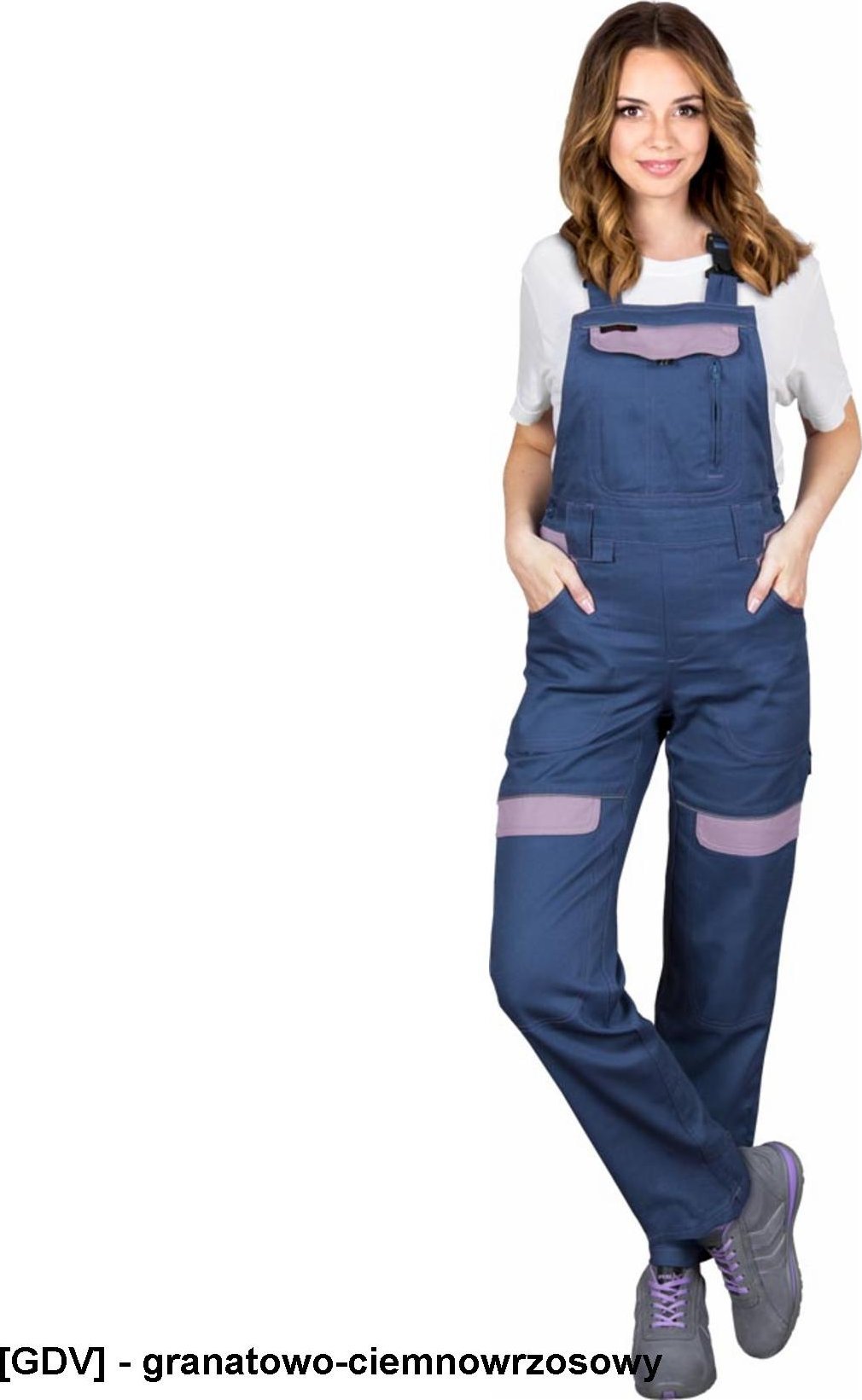 R.E.I.S. CORTON-L-B - Damskie spodnie ochronne ogrodniczki CORTON, tkane 100% bawełna 260 g/m2 6 kieszeni elementy odlaskowe - granatowo-ciemnowrzosow