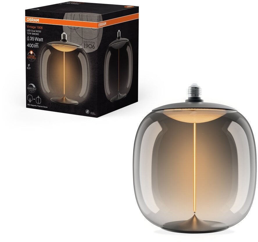 LEDVANCE OSRAM Vintage 1906 LED oval filament magnetic røgfarvet 400lm 12W/818 (35W) Ø250mm E27 dæmpbar