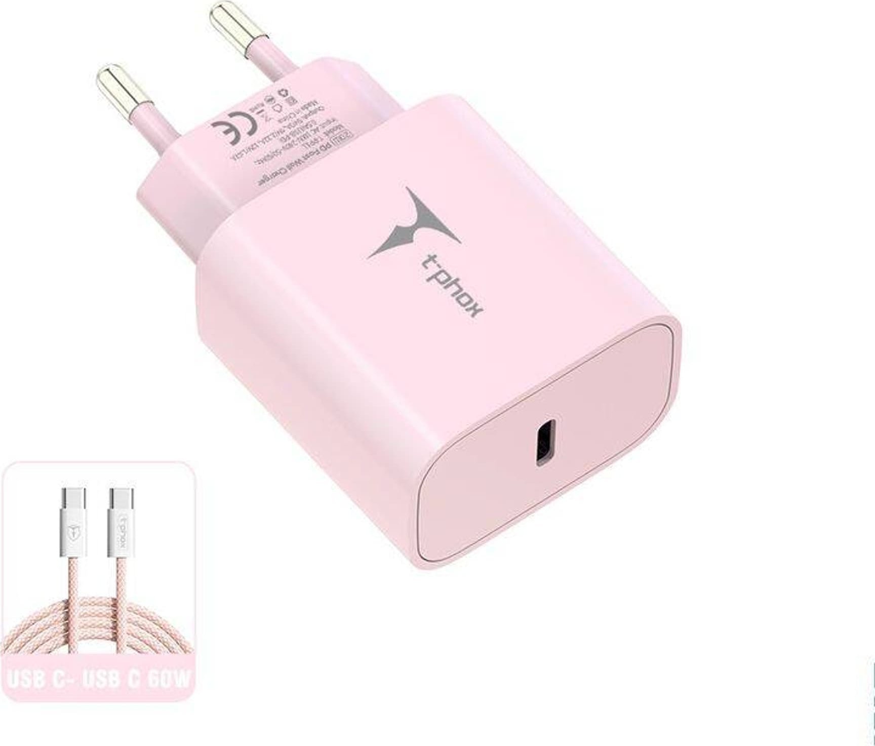 Ładowarka T-Phox ŁAD SIEC T-PHOX MODERATE SERIES T-PP11 20W + KABEL USB-C/USB-C 60W PINK
