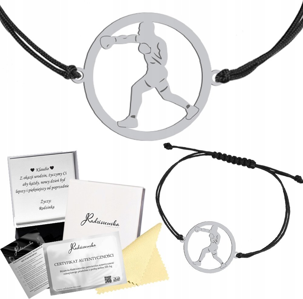 Radziszewska Jewellery Bransoletka Srebrna Kick-boxing Sznurek Srebro 925 Prezent GRAWER GRATIS
