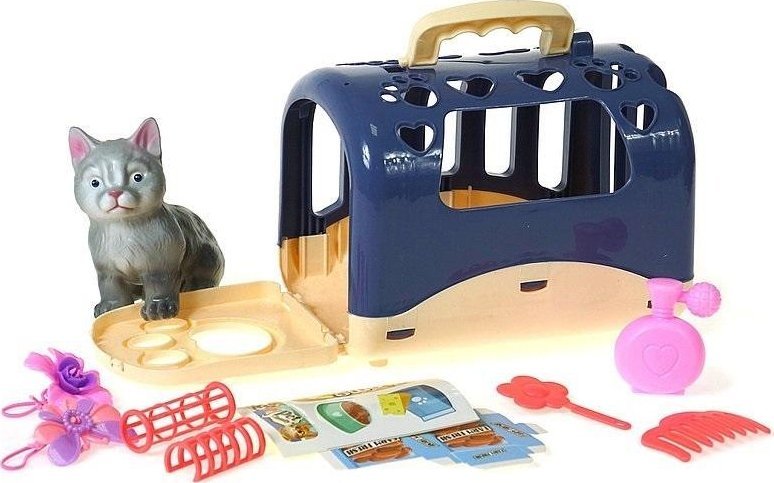 Kotek z klatką do przenoszenia z akcesoriami