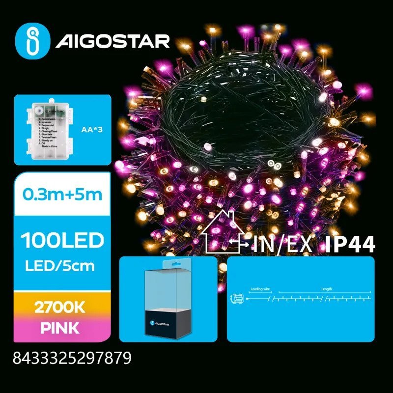 Lampki choinkowe Aigostar Lampki choinkowe na 3 baterie AA różowo-ciepłe Taśma świetlna płaska na 3 baterie AA