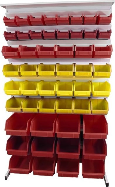 Leomar Regał do pojemników warsztatowych, dwustronny. Wym: 1690x940x650mm z półką 104 pojemników, czerwone, żółte