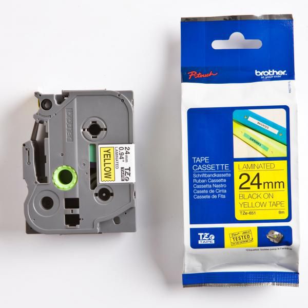 Brother Taśma do drukarek etykiet czarny druk / żółty podkład laminowane 24mm x 8m (TZE651)