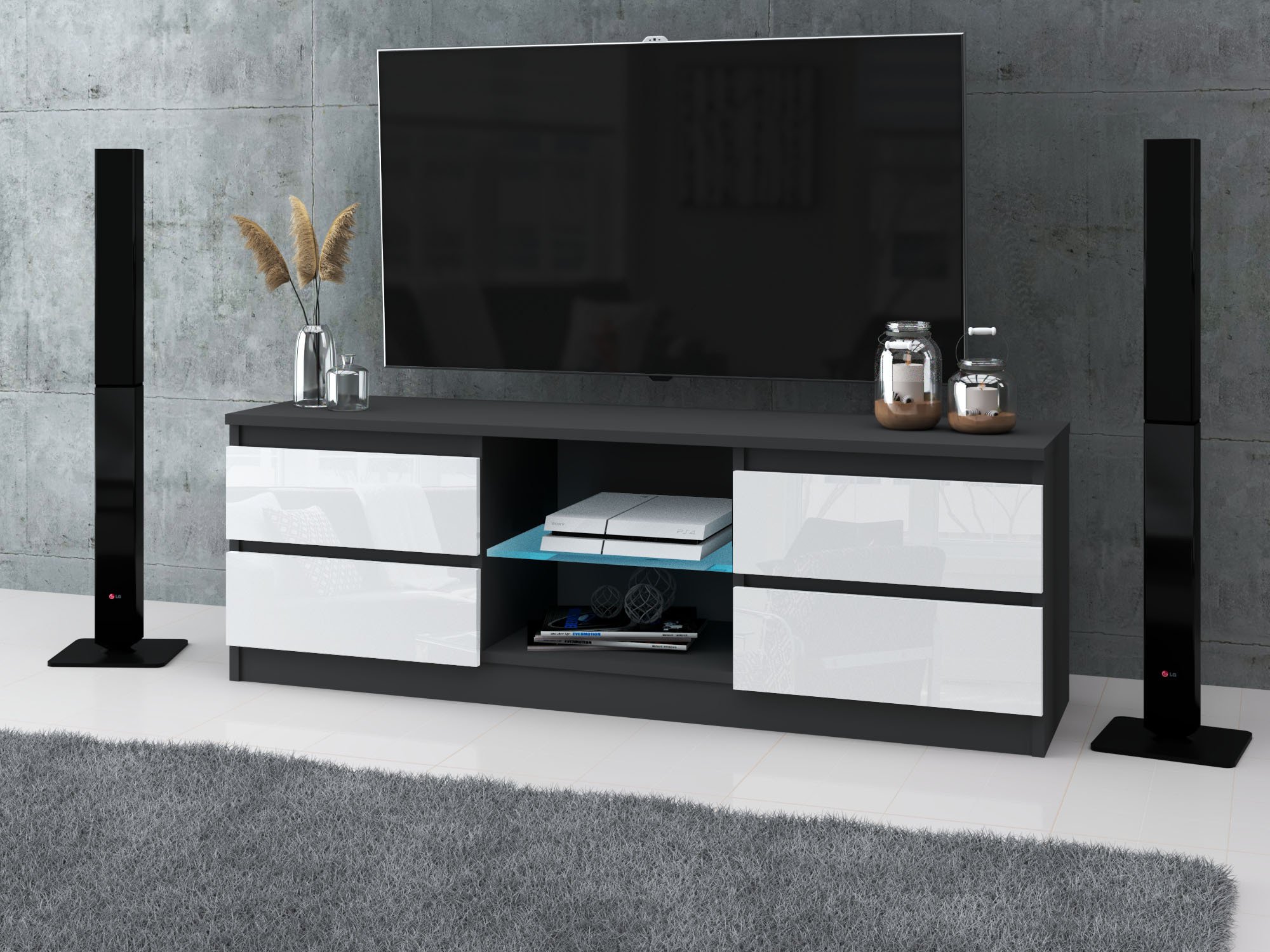 Szafka rtv 4 szuflady stolik pod tv do salonu 138cm szary biały połysk