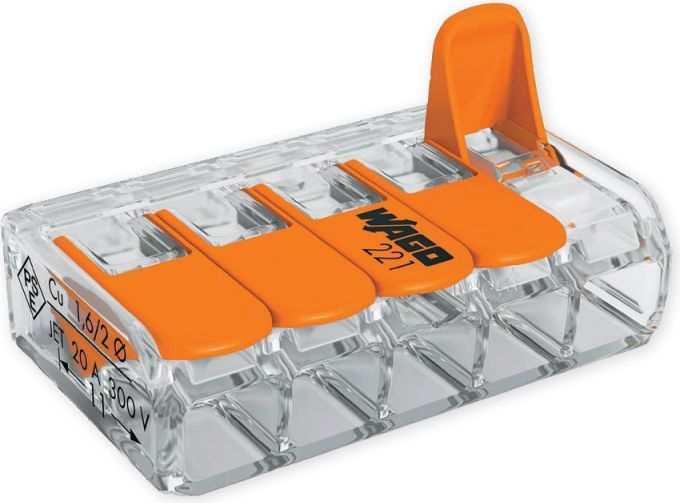 Wago Złączka uniwersalna 5x4mm2 przezroczysto pomarańczowa z dźwigniami (221-415)
