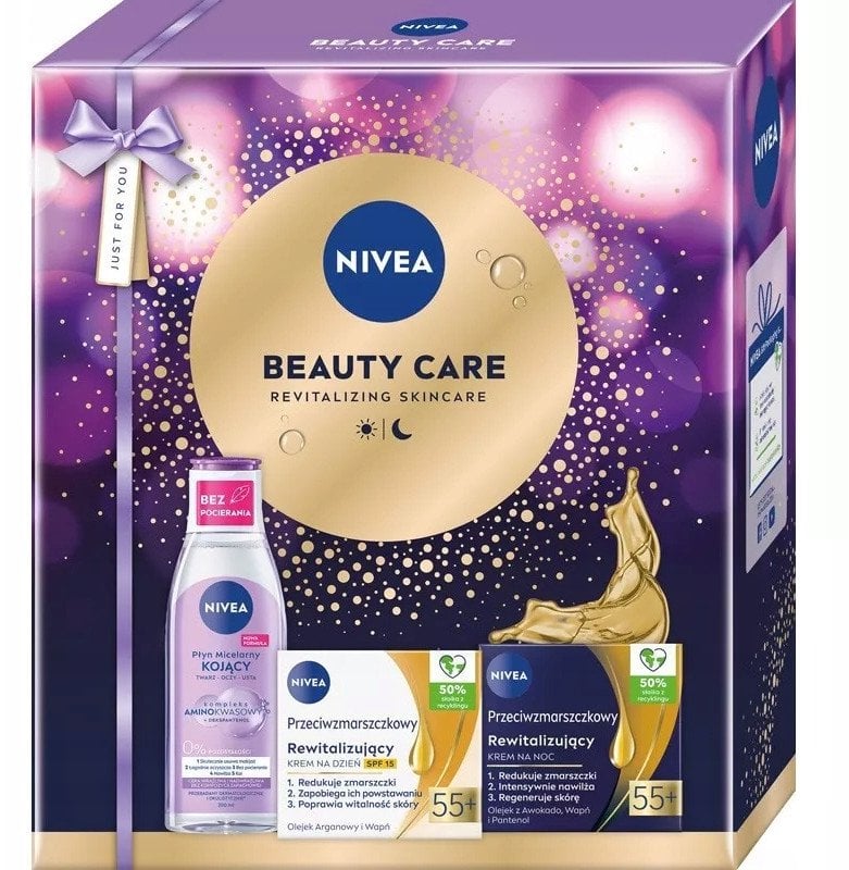 NIVEA_SET Beauty Care Przeciwzmarszczkowy rewitalizujący krem na dzień SPF15 55+ 50ml + Przeciwzmarszczkowy rewitalizujący krem na noc 55+ 50ml + Koją