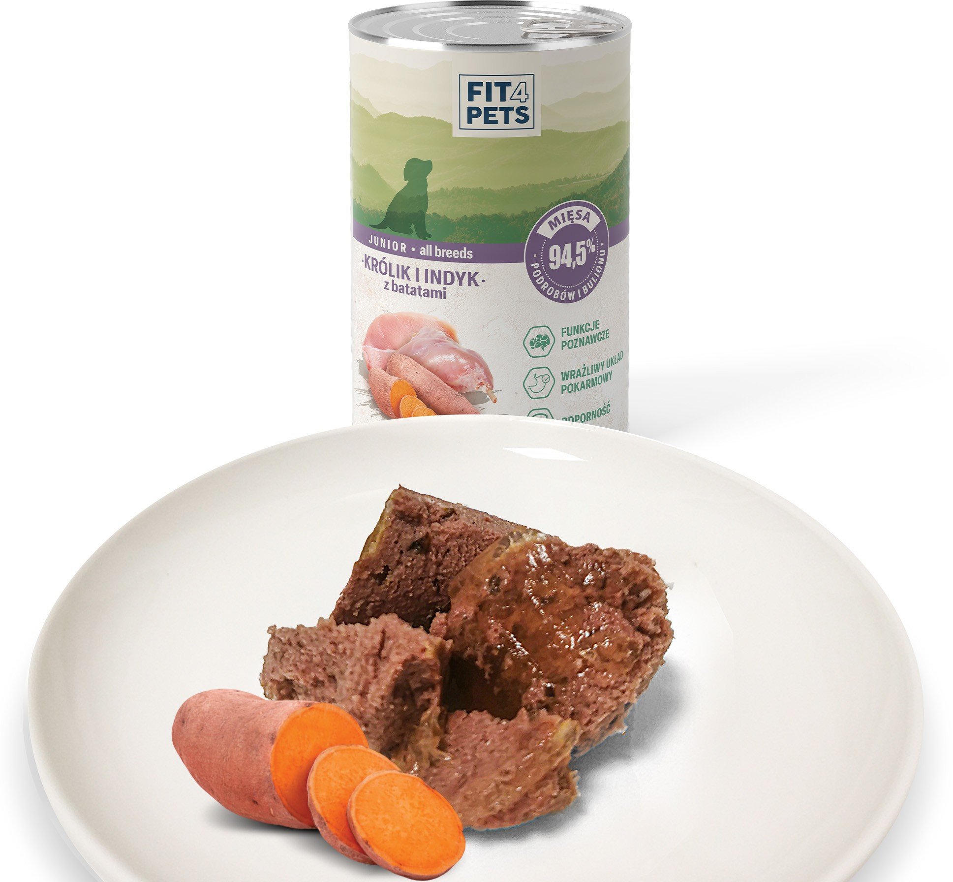 Fit4Pets Karma pełnoporcjowa dla szczeniąt i małych ras MIX 24 puszek Cielęcina x 12 Królik x 12