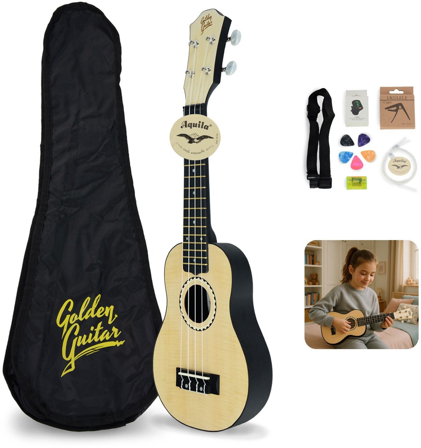 Zestaw: Ukulele sopranowe jasne GBU10+ akcesoria Golden Guitar one size