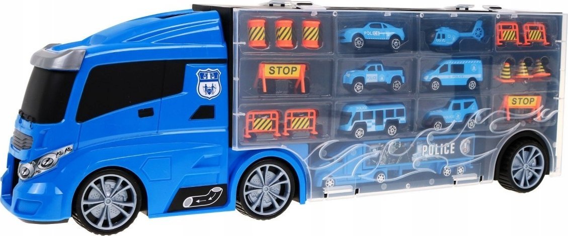 Triton Ciężarówka policyjna 2w1 dla dzieci 3+ Schowek na resorówki + Zjeżdżalnia dla autek