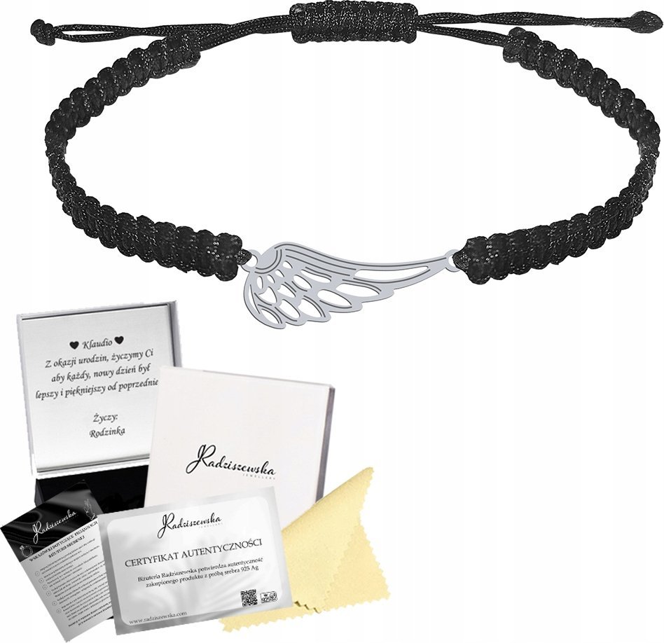 Radziszewska Jewellery Bransoletka Srebrna SKRZYDŁO ANIOŁA 925 Makrama Prezent Kobieta ŻYCZENIA