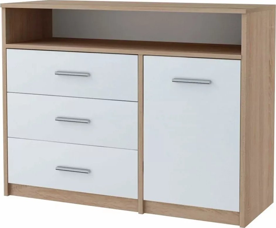 Elior Komoda do salonu z szufladami i półkami dąb sonoma + biały - Migres 4X