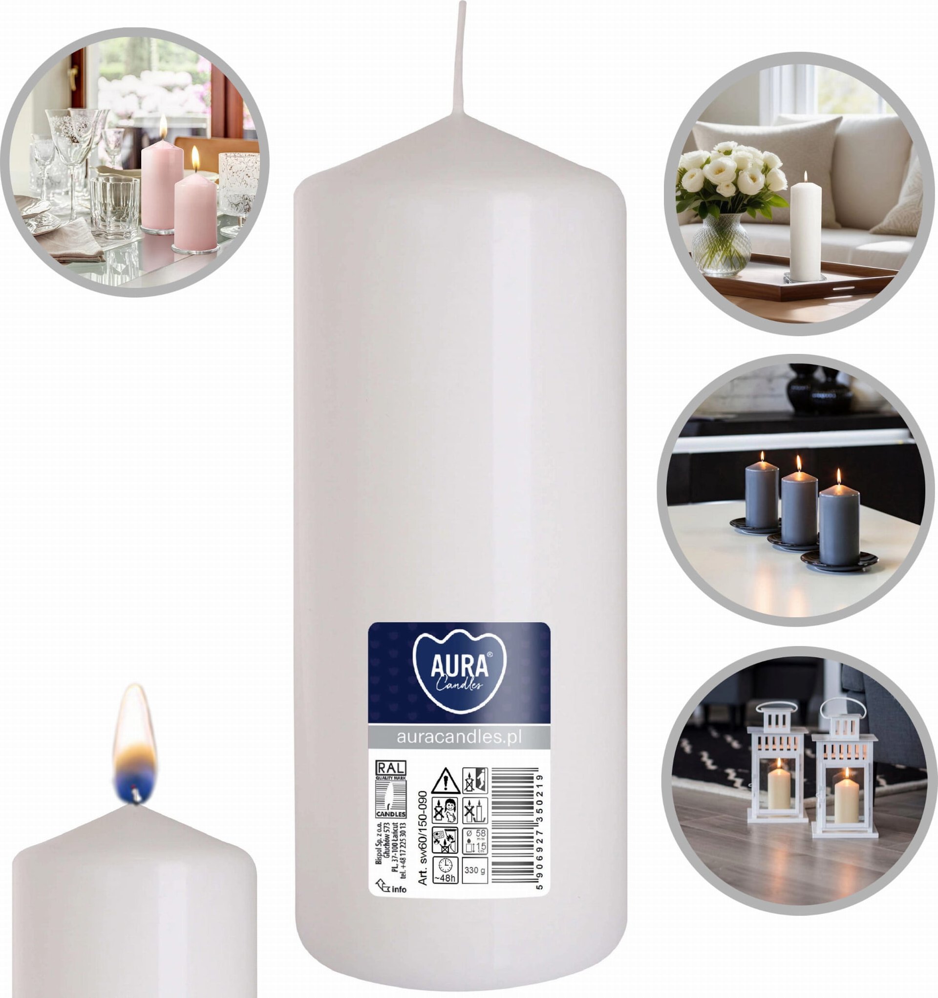AURA Świeca Walec Biała 48h sw60/150-090