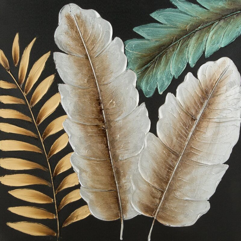 Obraz ręcznie malowany liście 60X60 czarny+zielony+złoty