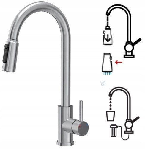 CINDY SteelQ stalowa bateria kuchenna trójdrożna z wyciąganą wylewką i prysznicem, stalowa