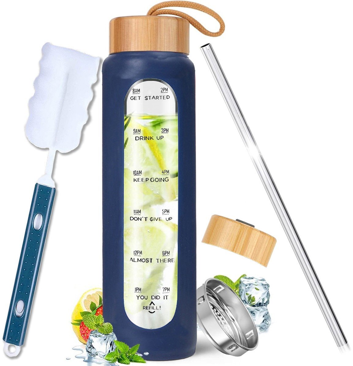 Szklana butelka na wodę 1l motywacyjna ze słomką Supero, granatowa