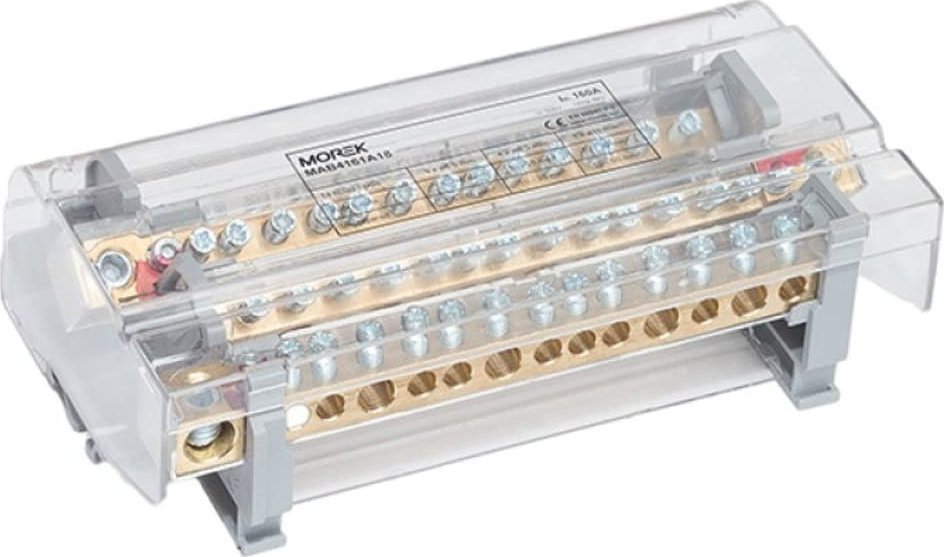 MOREK Blok dystrybucyjno-rozdzielczy MOBLOCK 4-polowy 160A-14, 1 x 50 mm2 + 4 x 35 mm2 + 9 x 16 mm2 TS35 MAB4161A18