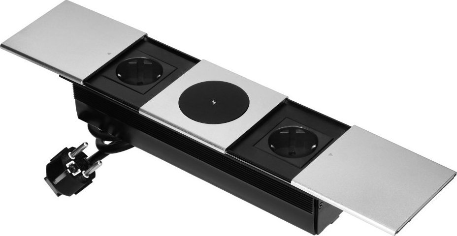 Gniazdo meblowe z przesuwną pokrywą, 2x2P+Z (Schuko), ładowarka bezprzewodowa, srebrne