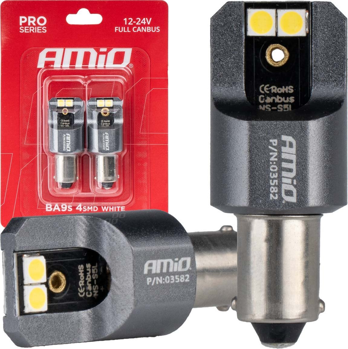 AMiO Żarówki led full canbus pro t4w ba9s 4x3030 smd white 12v 24v amio-03582