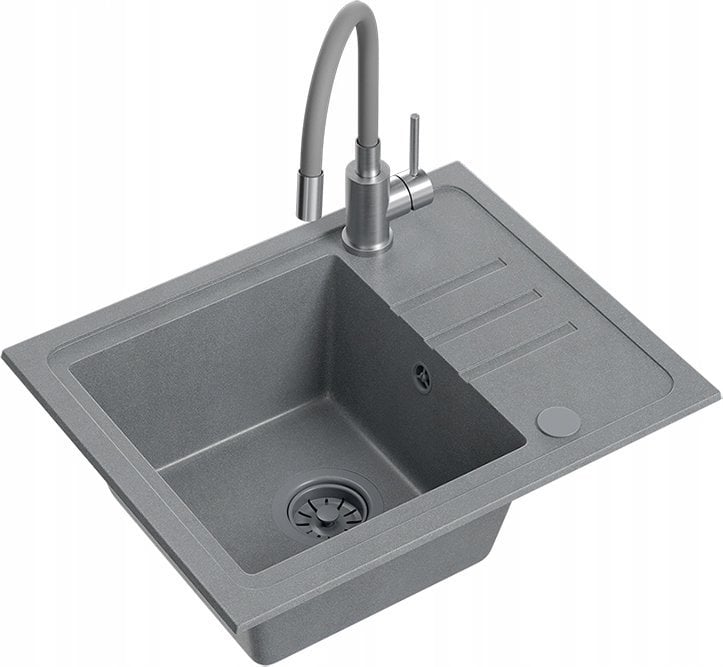 Zlewozmywak BEN 116 zlewozmywak granitowy silver stone 55x44 z szarą baterią z elastyczną wylewką, z szarym syfonem i szarą zaślepką