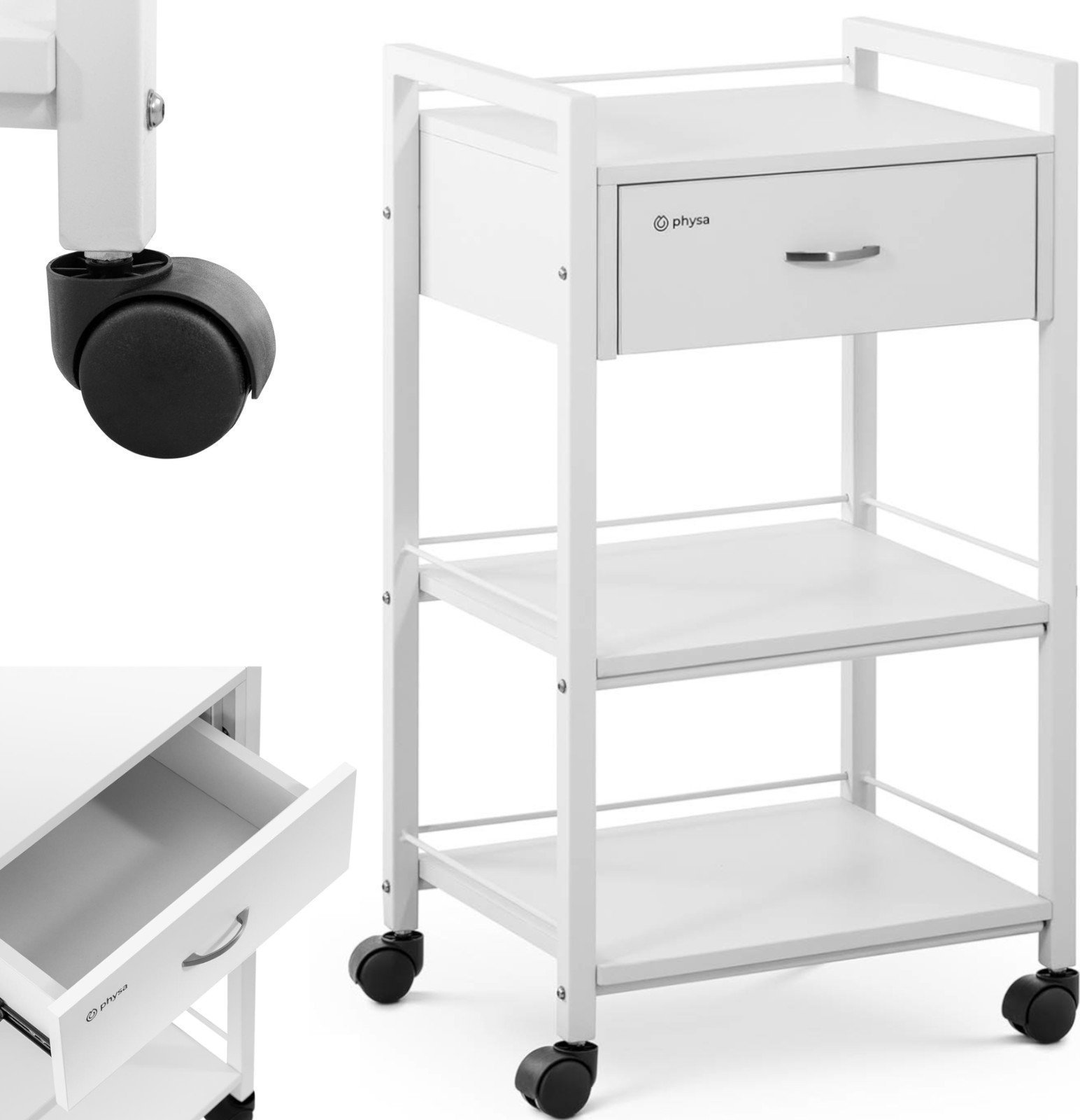 Physa Wózek pomocnik kosmetyczny fryzjerski 1 szuflada 3 półki 47.5 x 40 x 85.5 cm biały Wózek pomocnik kosmetyczny fryzjerski 1 szuflada 3 półki 47.5