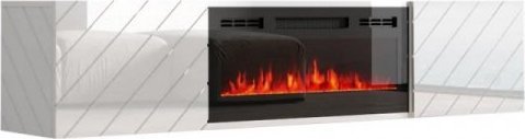 Cama Meble Szafka RTV LUXE 182,6x34,5x37,5 biały/biały połysk + czarny kominek