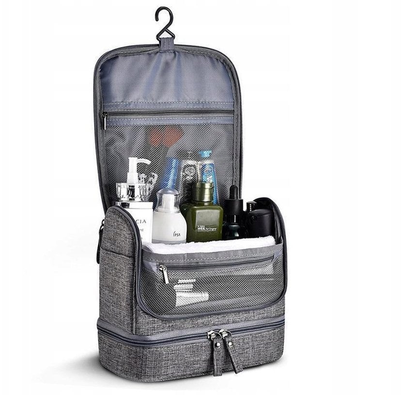 KOSMETYCZKA MĘSKA SZARA POJEMNA KOSMETYCZKA PODRÓŻNA WYJAZD DUŻA Z HAKIEM
