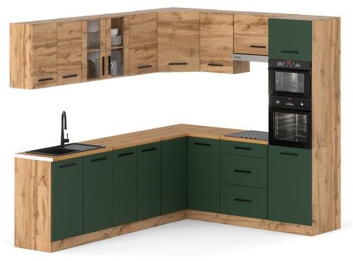 Kuchnia Marra Narożna Z Blatem Duża 4.6m Biała Butelkowa Zieleń Dąb Wotan