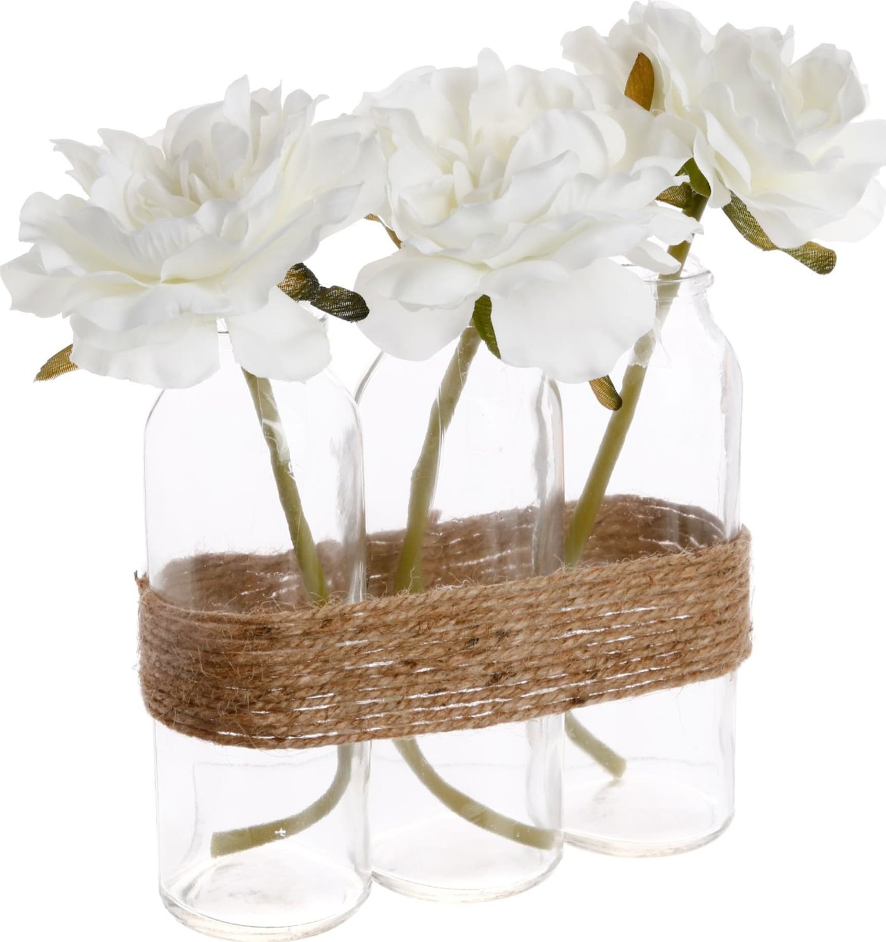 Atmosphera Kompozycja dekoracyjna ze sztucznymi różami , ozdobne kwiaty w butelkach przewiązanych sznurkiem