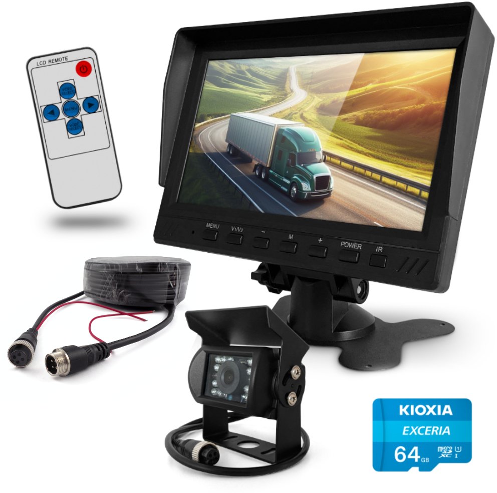 Zestaw Cofania Monitor 7" Rejestrator FHD 1080p Kamera Kabel 15m Karta 64GB