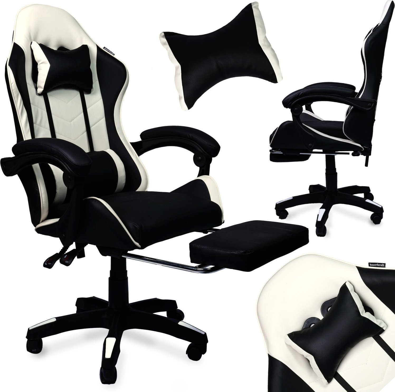 Fotel Bauerkraft Fotel gamingowy krzesło obrotowe z podnóżkiem czarno-biały