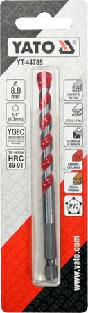 Wiertło Yato `Wiertło uniwersalne 8,0x100 mm.uchwyt 1/4"Hex (beton,ceramika,stal,alum.,PCV,drewno)