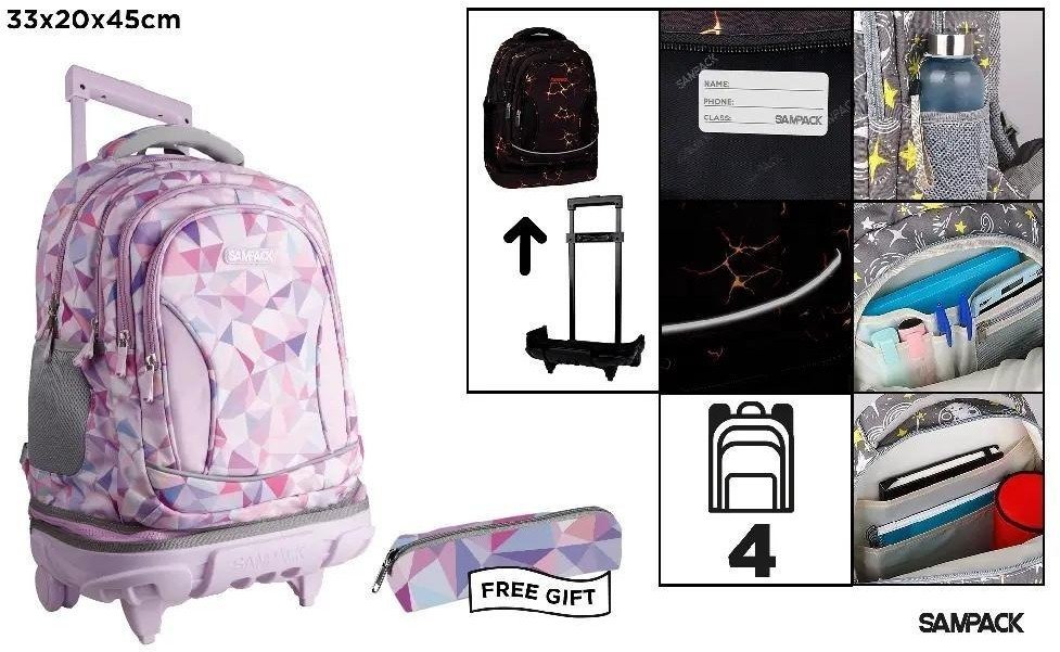 Plecak ze stelażem i kółkami 4 komory + piórnik