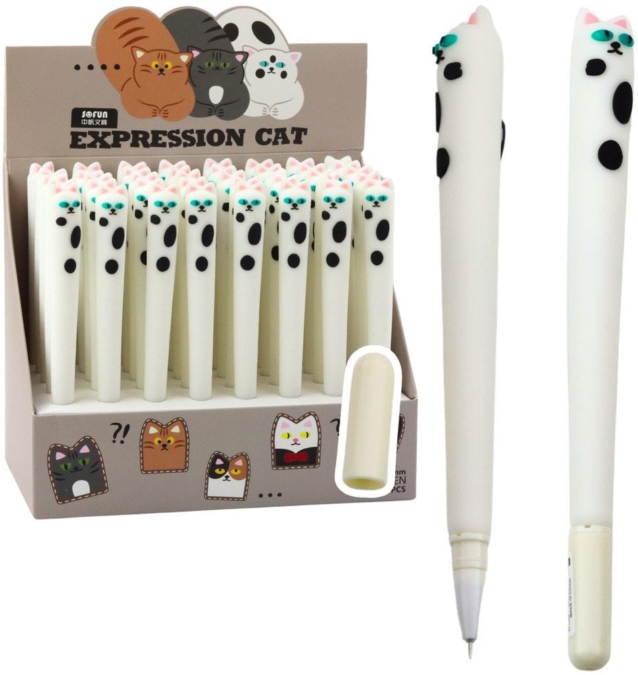 Długopis Żelowy Kot Niebieski Tusz Zatyczka Łatki Biały 16,5cm LEAN