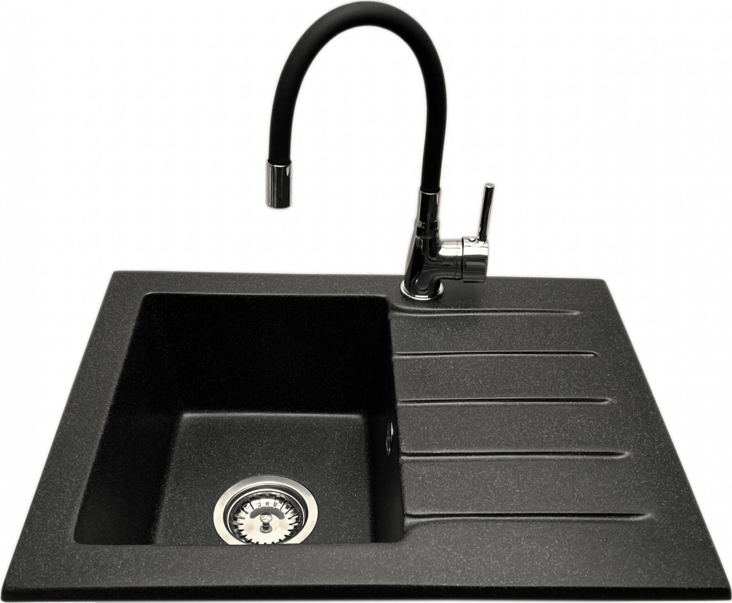 Zlewozmywak PREHNIT Zlewozmywak jednokomorowy z ociekaczem ARAGON grafit z prawym ociekaczem + bateria flex LAVO