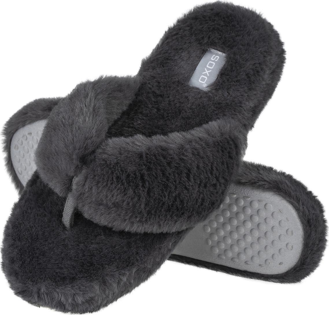 Soxo Kapcie damskie SOXO | Futrzane z twardą podeszwą TPR | Japonki grafitowe 3738