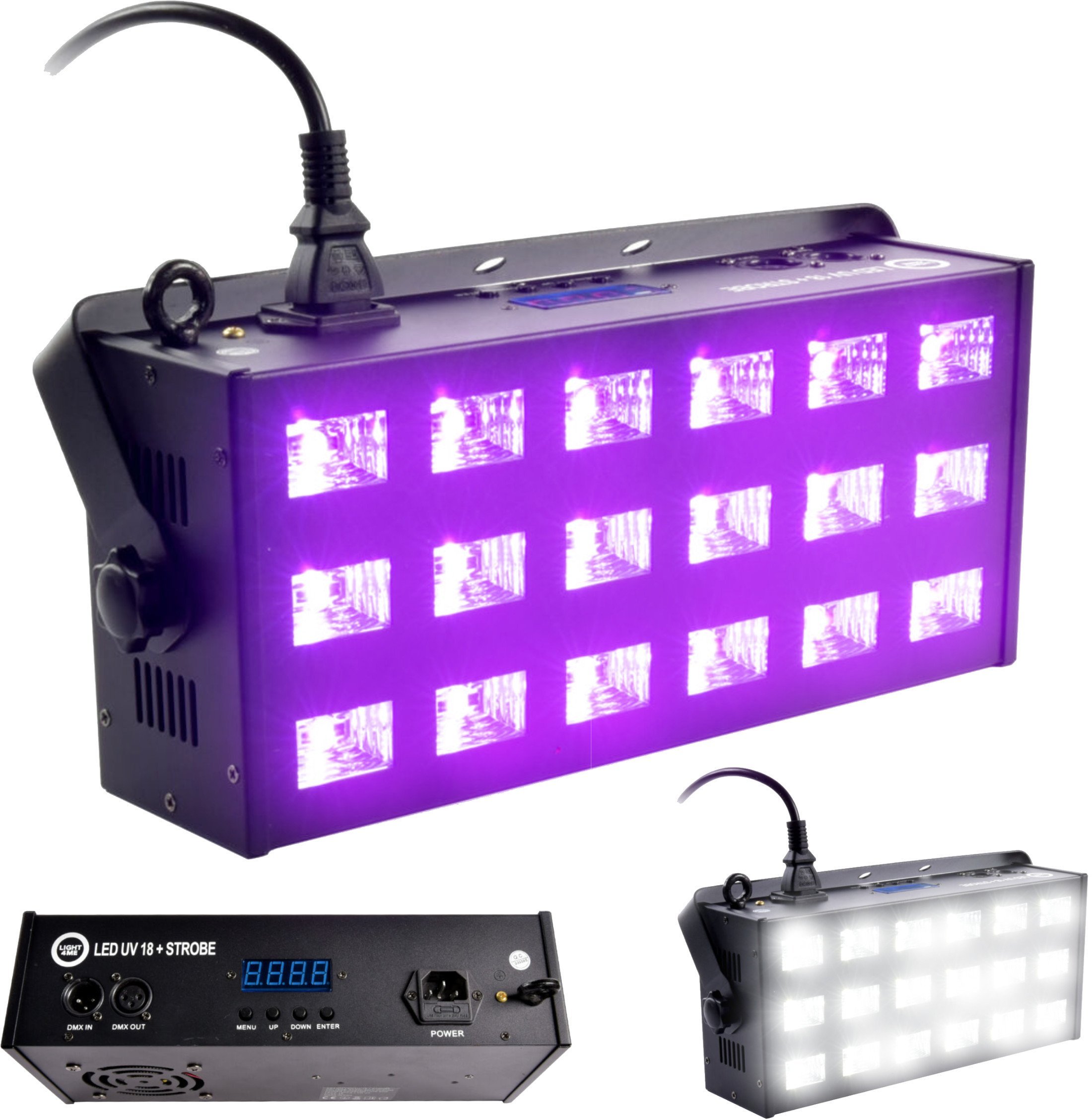 LIGHT4ME LED UV 18x3W reflektor + stroboskop DMX