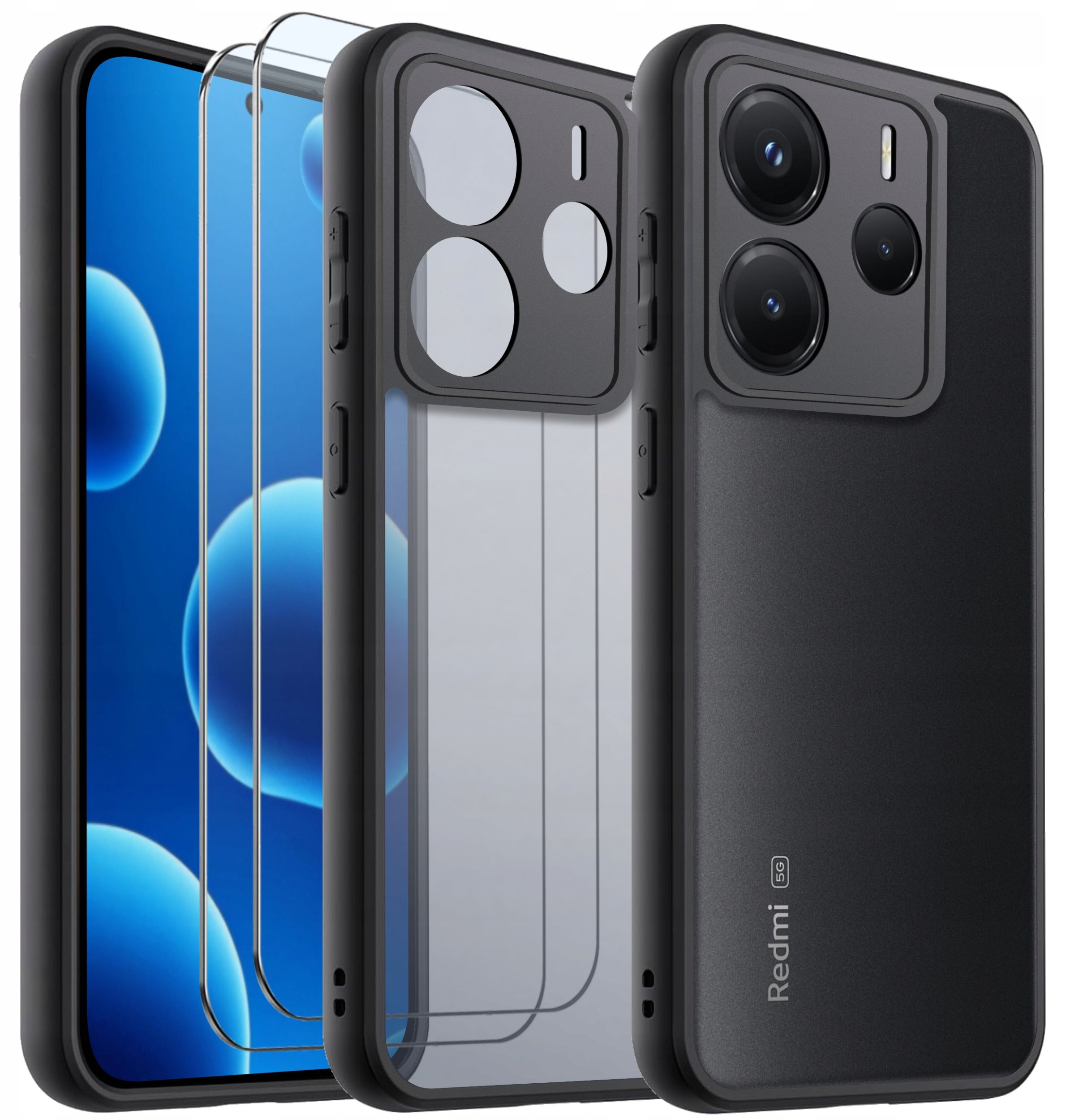 Etui do Xiaomi Redmi Note 14 5G WZMACNIANE MATOWE CZARNE PANCERNE 2x SZKŁO