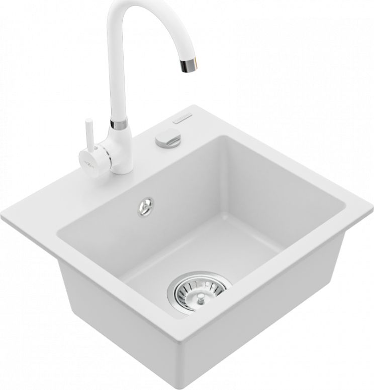 Zlewozmywak Mexen Milo granitowy 1-komorowy z baterią kuchenną Telma, biały - 6505-20-670200-20