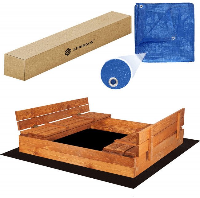 Piaskownica zamykana z ławkami 150x150 cm drewno impregnowane, z plandeką i podłożem UNIWERSALNY