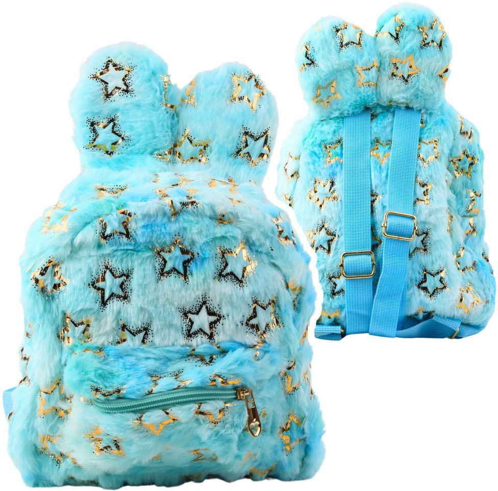 Pluszowy Plecak Uszy Złote Gwiazdki Dziecięcy Niebieski