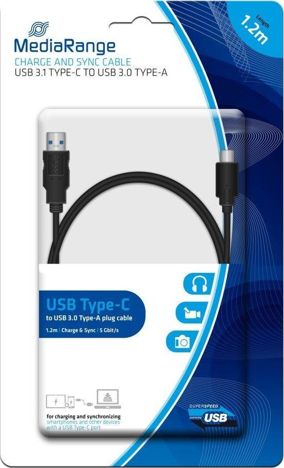 Kabel USB MediaRange USB-A - USB-C 1.2 m Czarny (MRCS160)